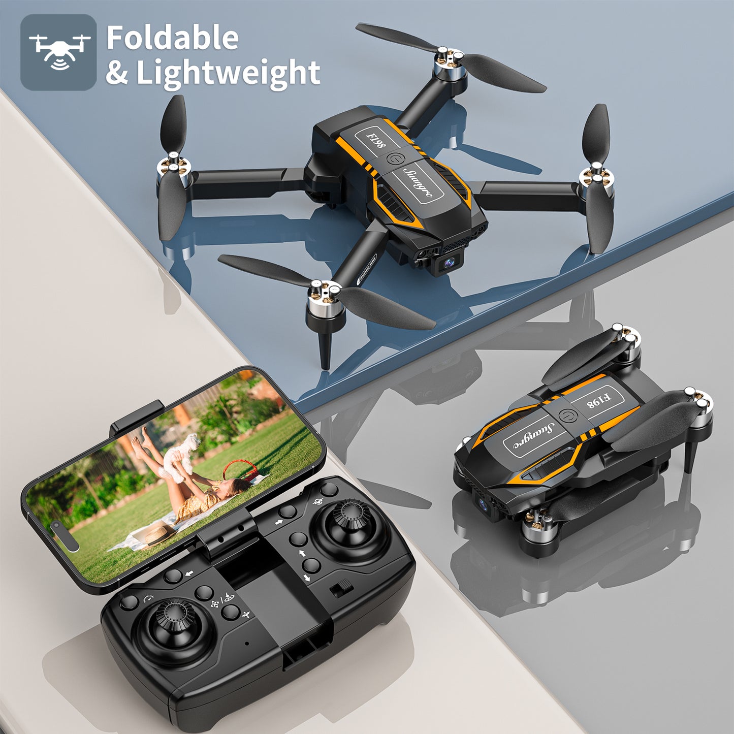 F198 Drone with Camera 720P HD, 90° Adjustable Lens, Foldable FPV Drone for Adult Beginners, WiFi APP, 3D Flip, Auto Hold, Optical Stream Positioning, Waypoint Flight, Carrying Case